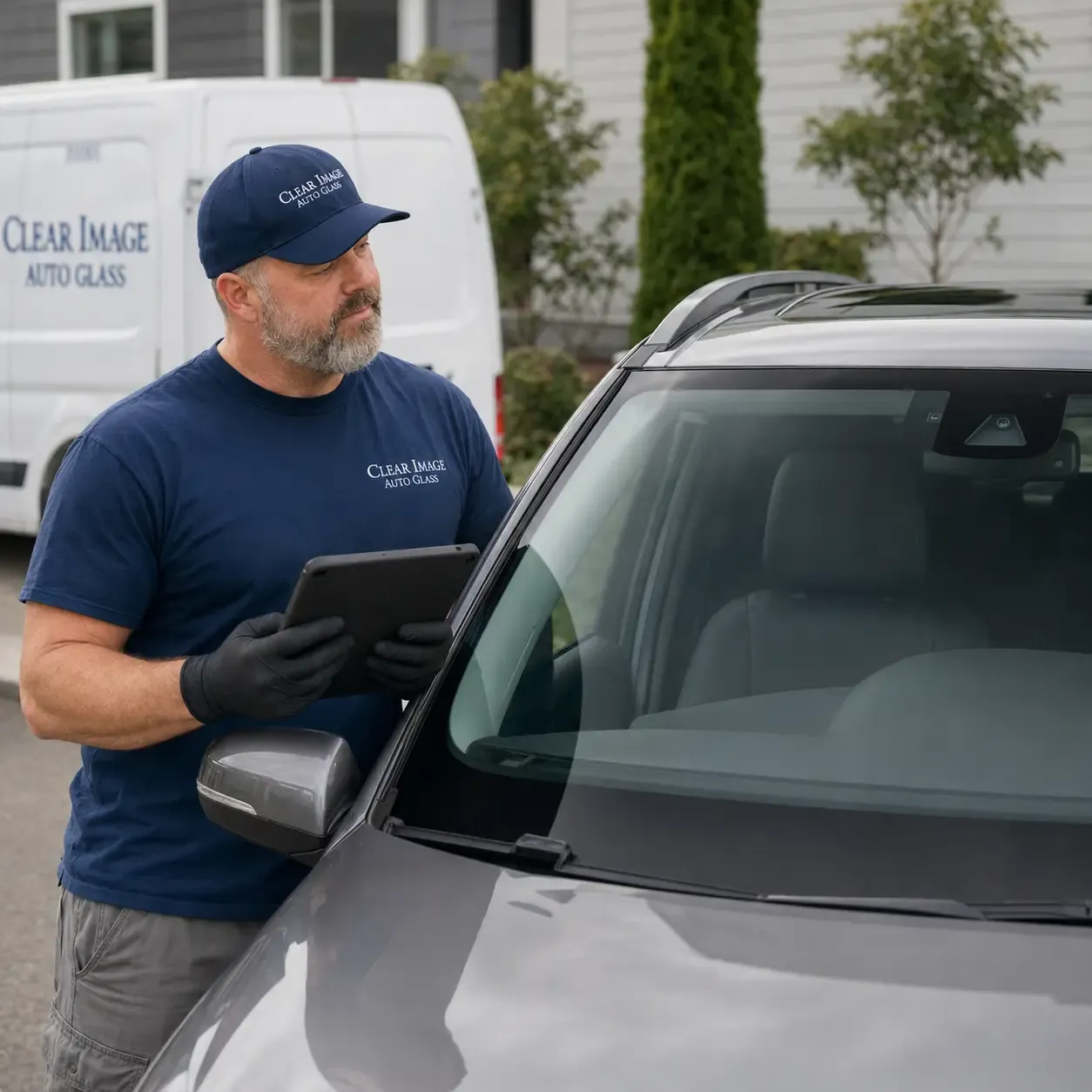 Clear Image technician reviewing a windshield-mounted camera with a diagnostic tablet.