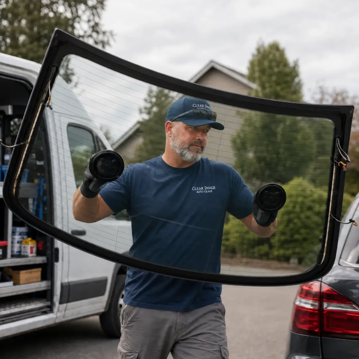 Clear Image technician holding a replacement rear window with suction cups