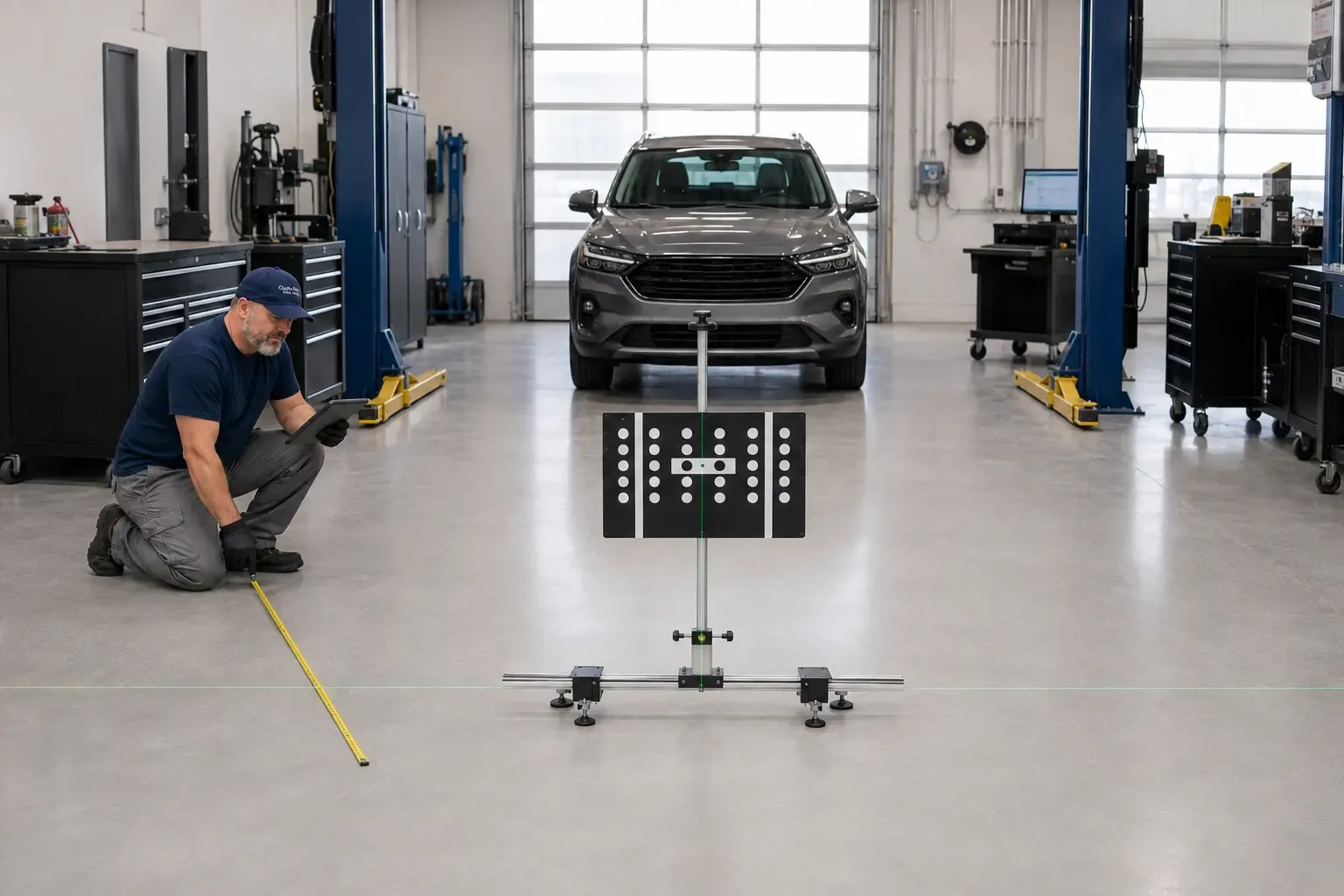 Clear Image technician measuring an ADAS calibration setup in front of a vehicle.