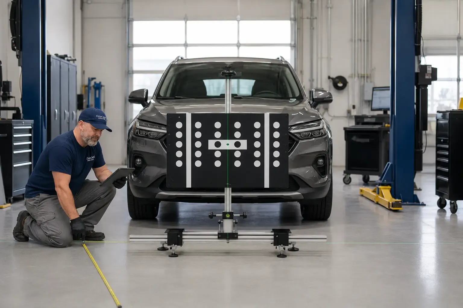 Vehicle positioned for static camera calibration using precisely placed targets.