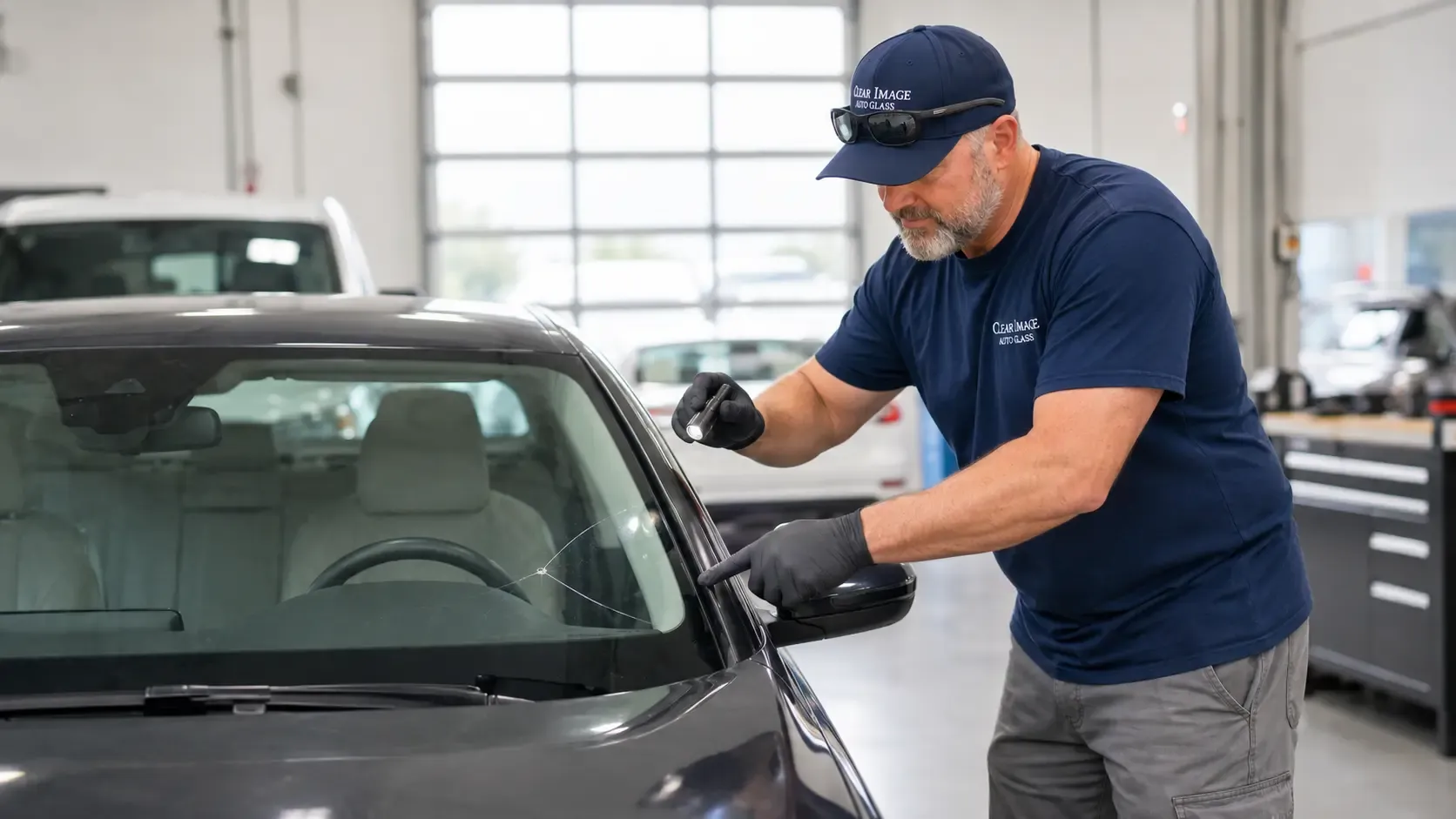 Clear Image Auto Glass technician assessing windshield damage on a customer vehicle.