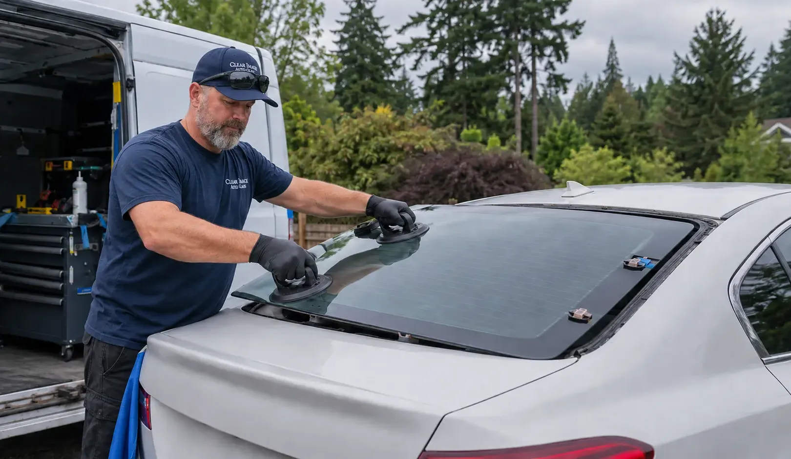Auto glass technician installing replacement back glass on a vehicle