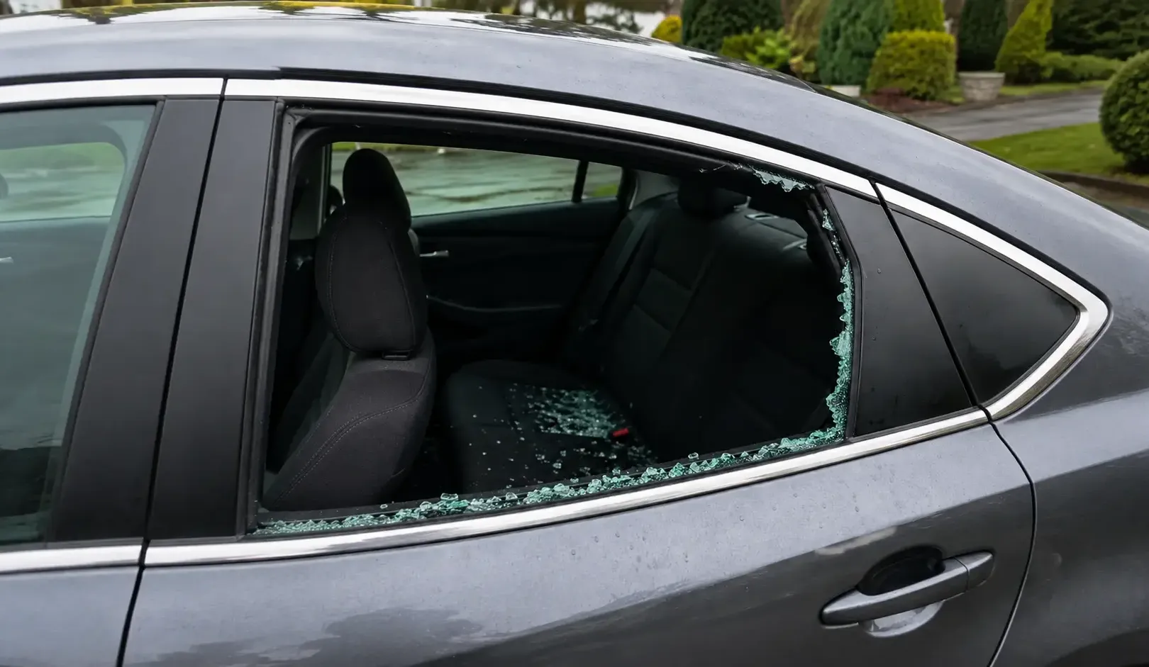 Broken side window showing shattered glass around the vehicle opening