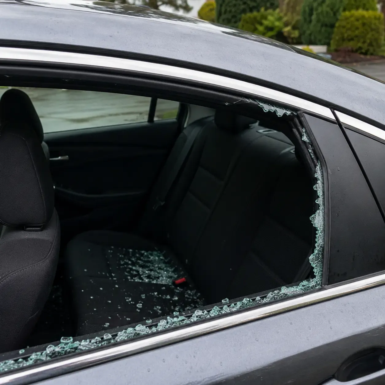 Broken rear side window with shattered glass remaining along the frame and scattered across the rear seat
