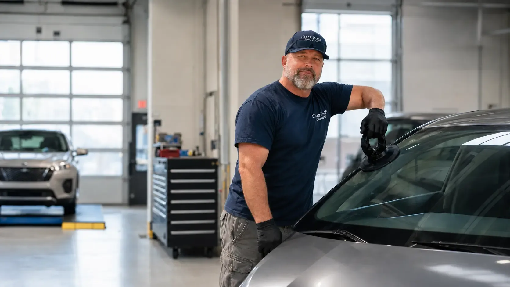 Clear Image Auto Glass owner Kiel Eby finishing a windshield replacement installation at a dealership