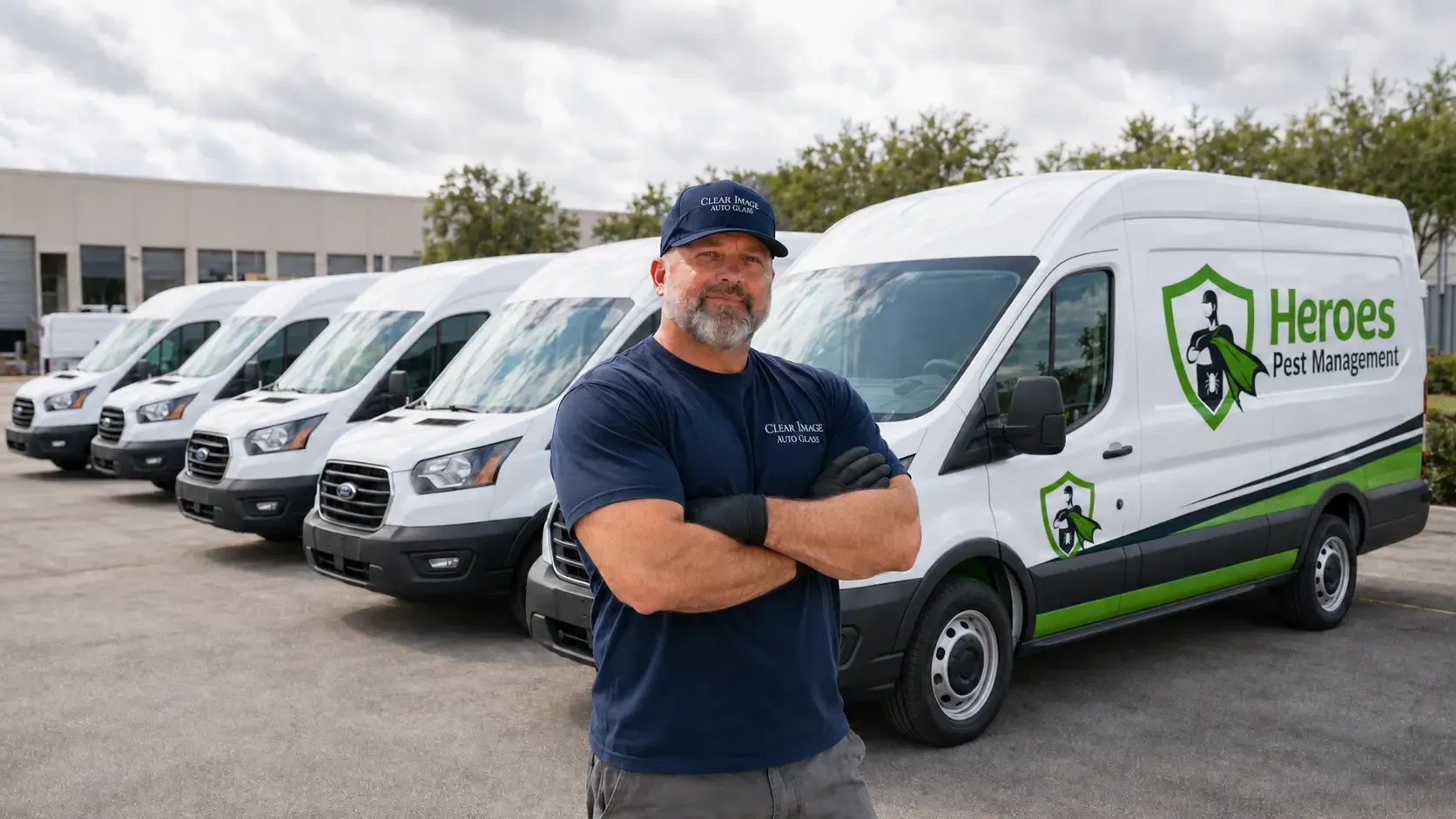 Kiel Eby standing in front of a row of commercial fleet vehicles.