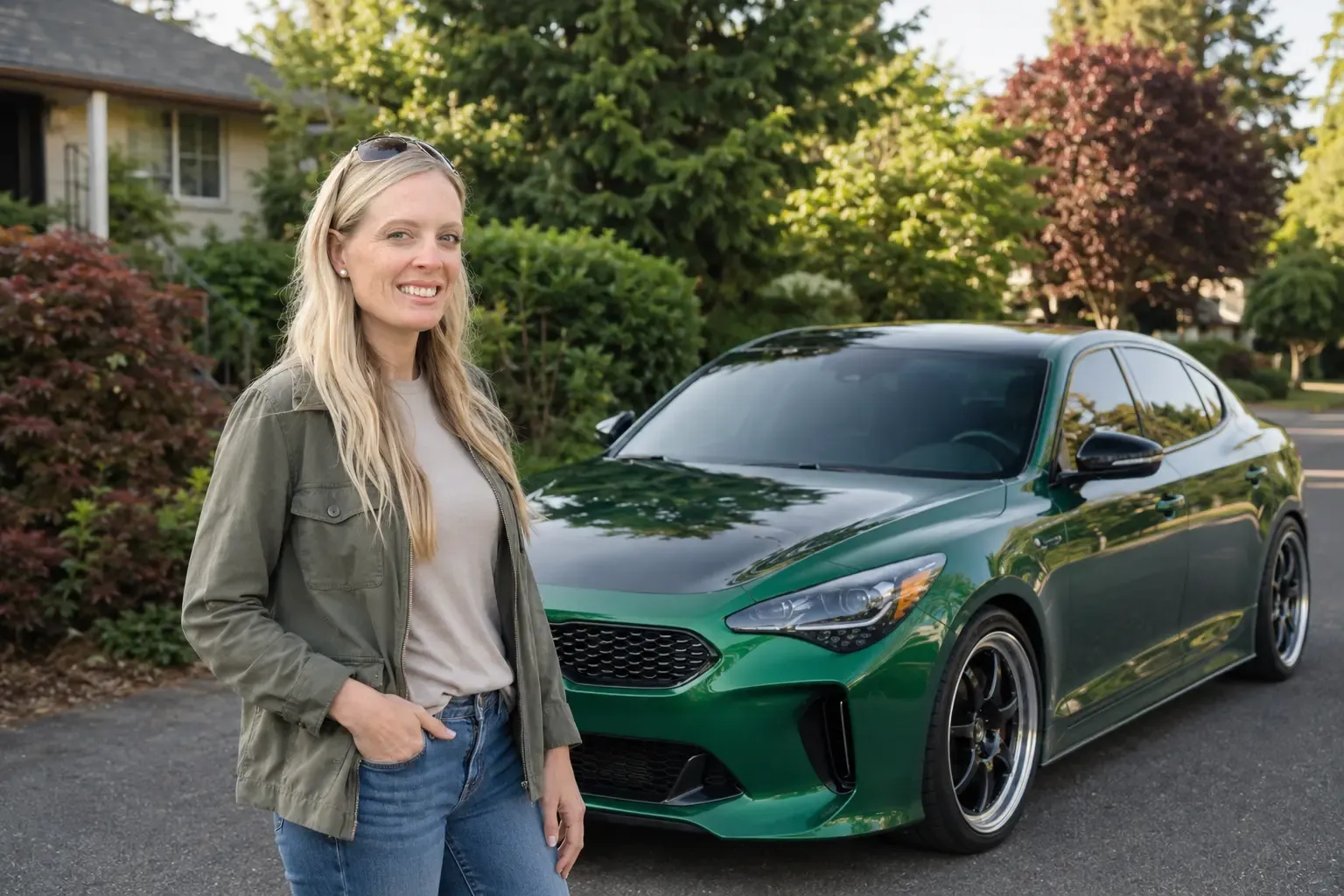 Clear Image customer beside an emerald sedan