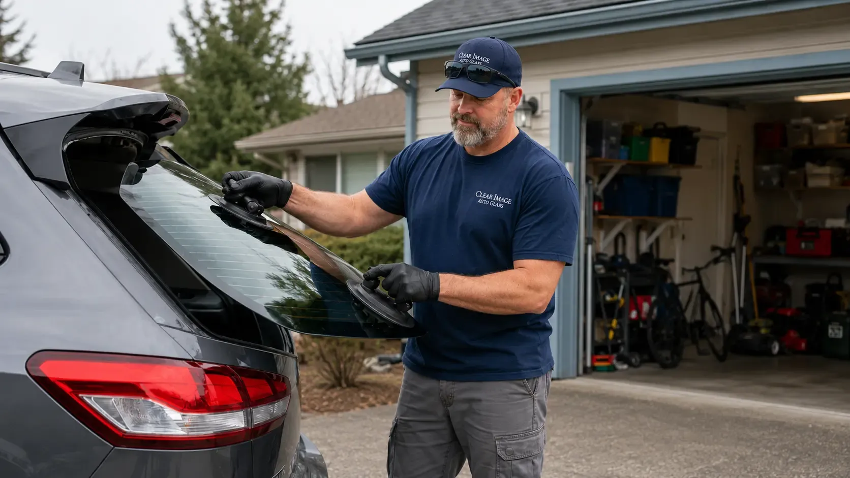 Technician installing a new rear window with integrated features