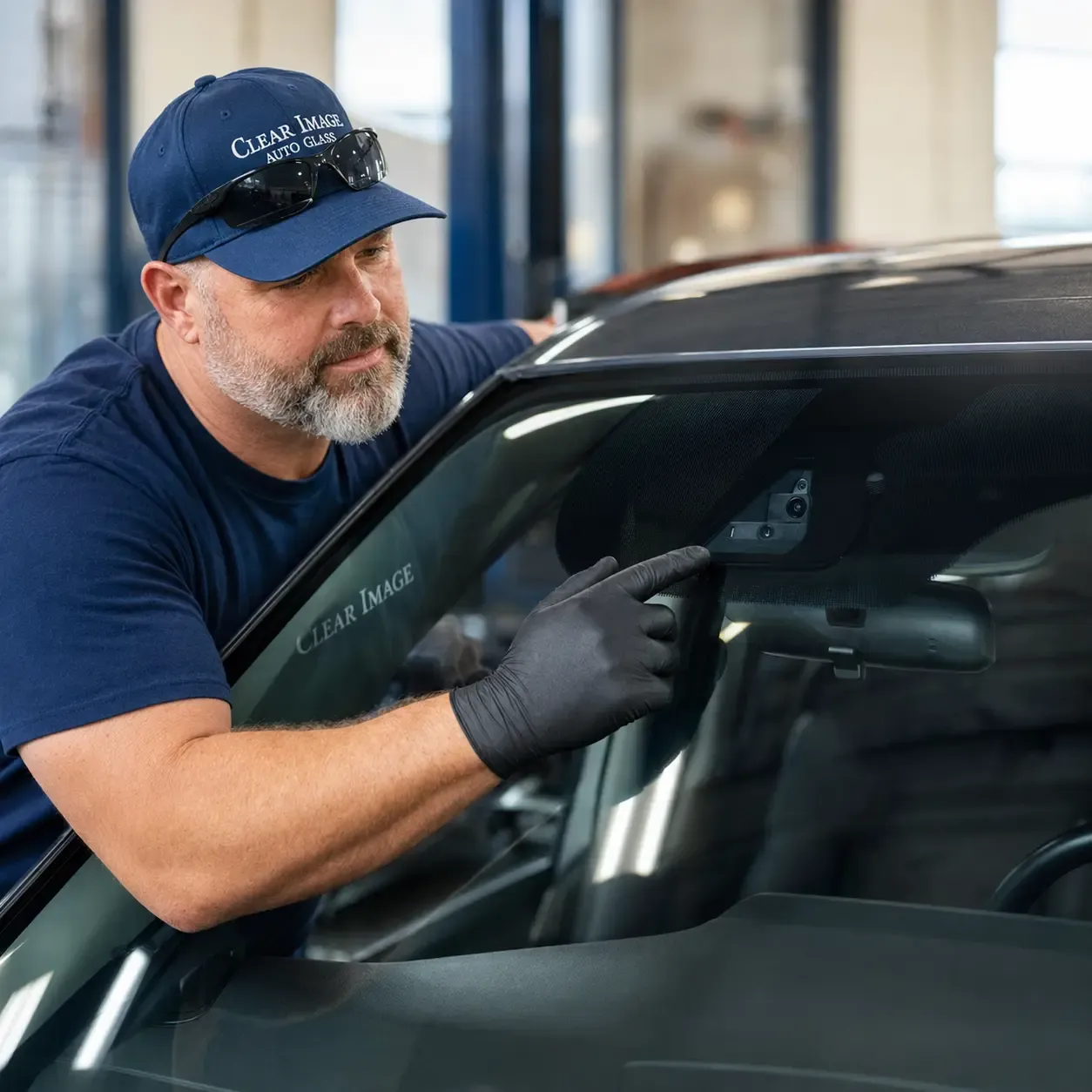 Clear Image technician inspecting windshield-mounted ADAS equipment.