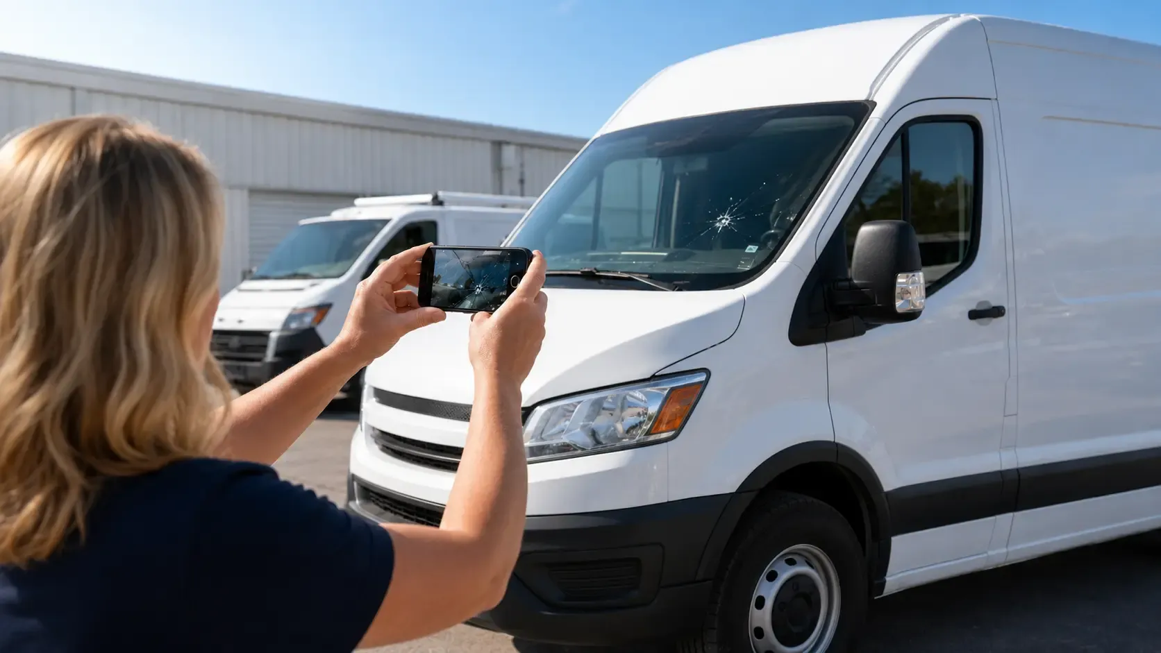 Fleet manager photographing a cracked windshield on a white cargo van