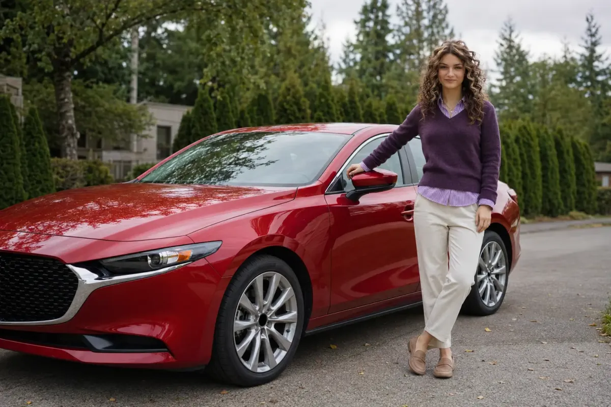 Woman standing beside a red sedan