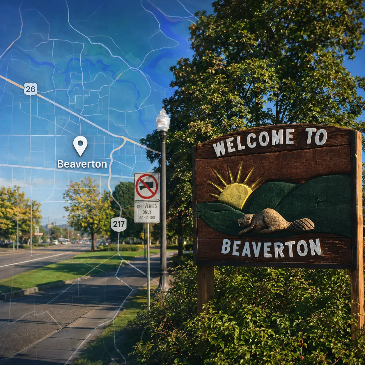 Map showing mobile auto glass service in Beaverton, Oregon.