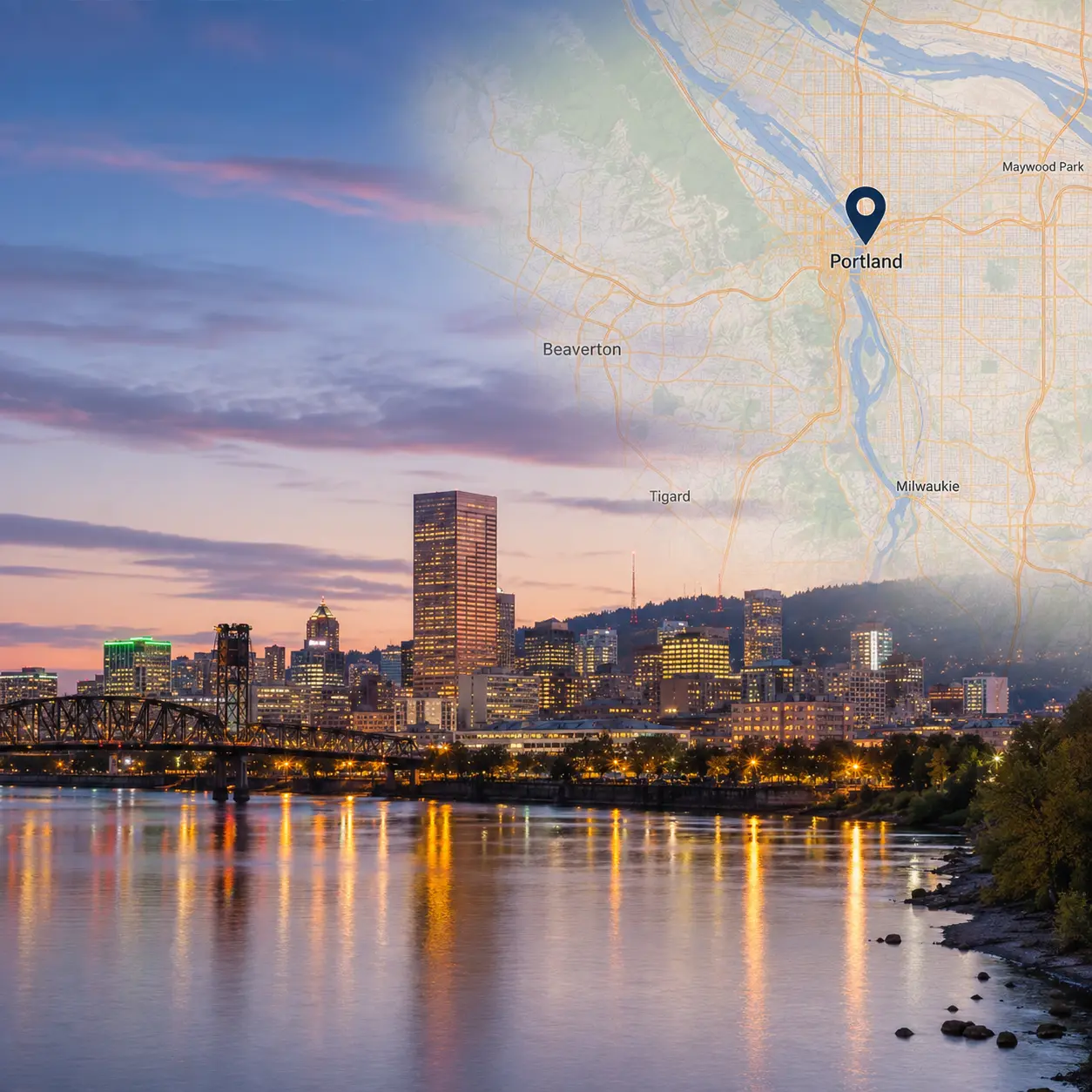 Map showing mobile auto glass service in Portland, Oregon.