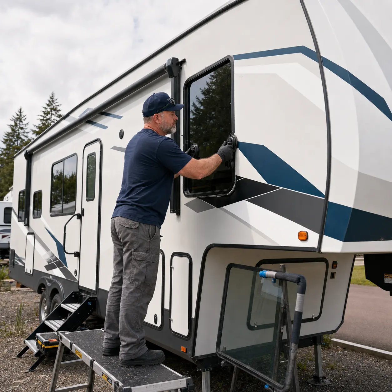 Kiel installing a side window on a fifth-wheel RV.