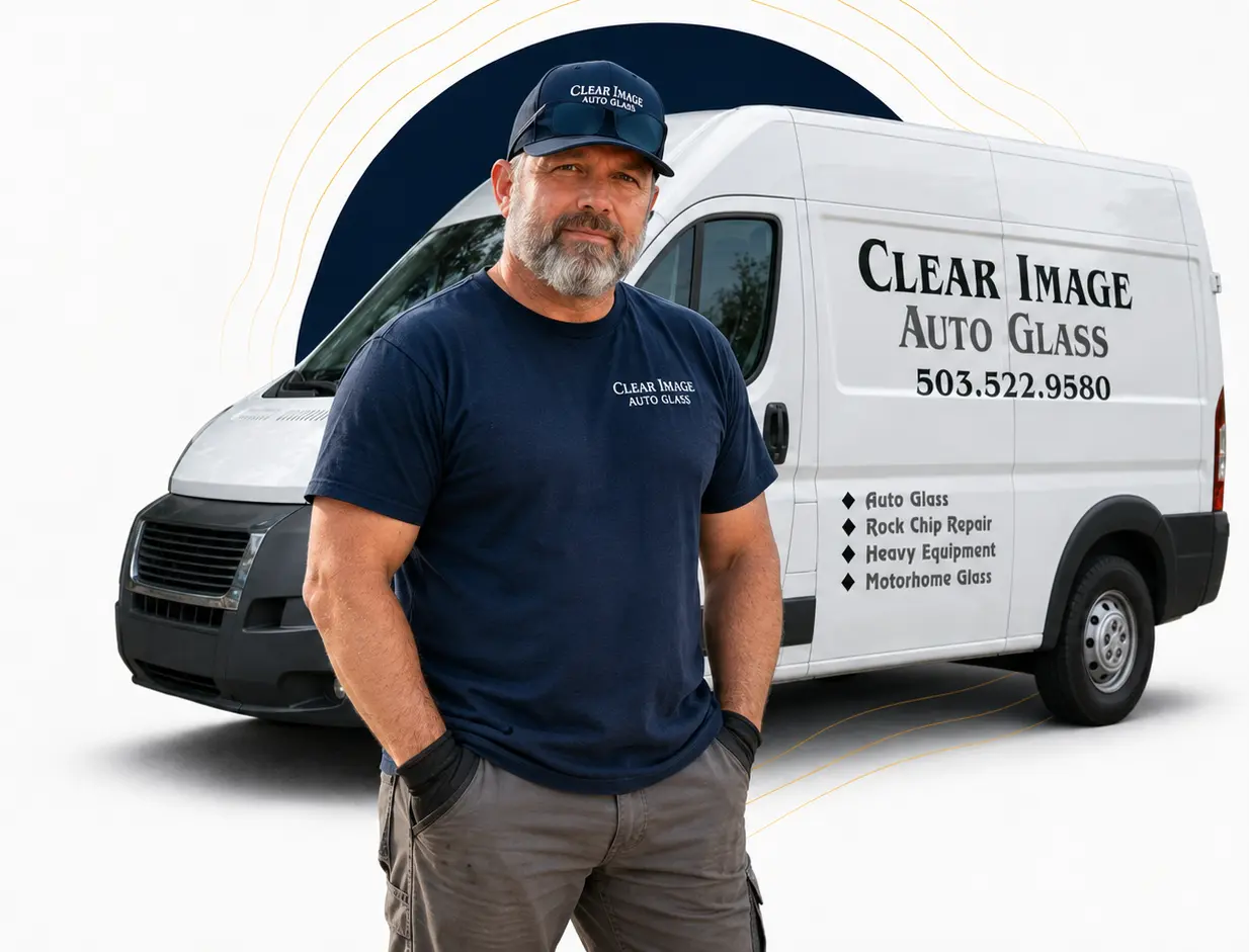 Clear Image Auto Glass technician standing in front of the company mobile service van.