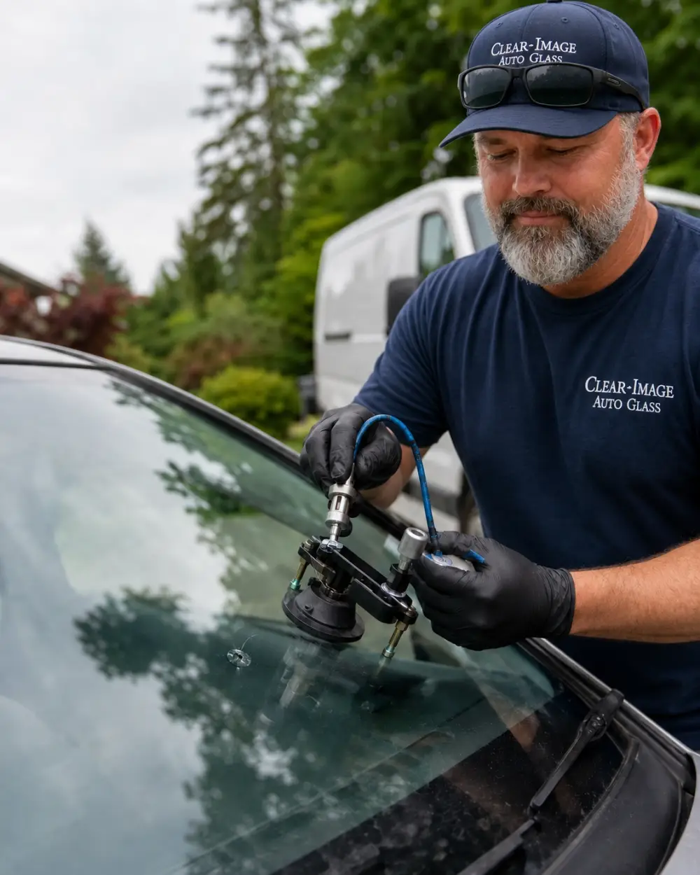 Clear Image technician repairing a rock chip during mobile windshield service.