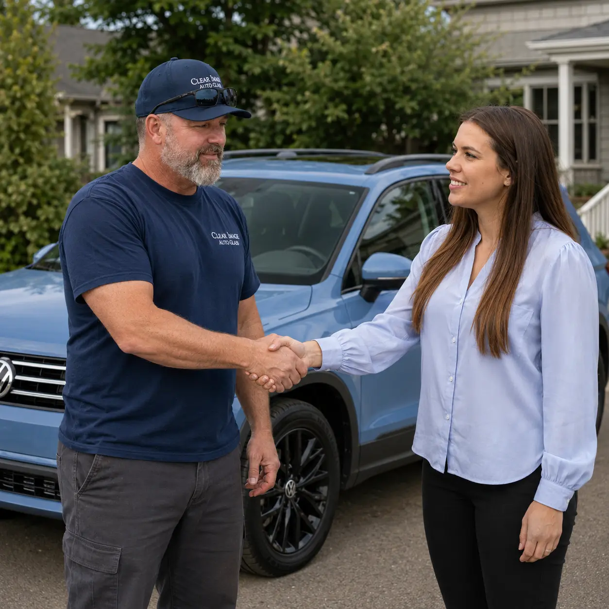 Kiel shaking hands with a customer beside her vehicle after service.