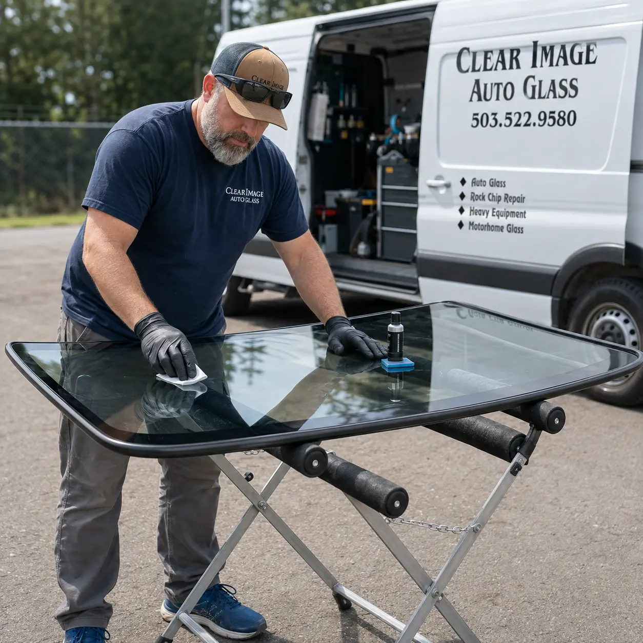 Kiel preparing a windshield on a scissor rack beside the Clear Image mobile service van.