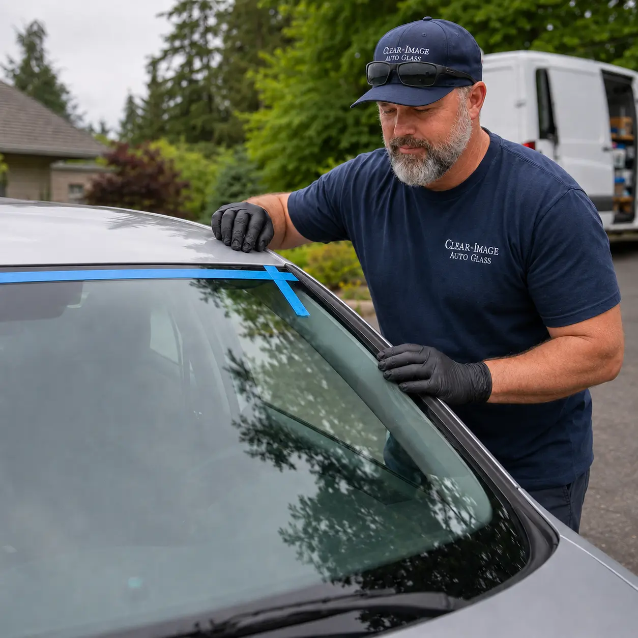 Clear Image Auto Glass technician completing a windshield installation at a customer’s home.