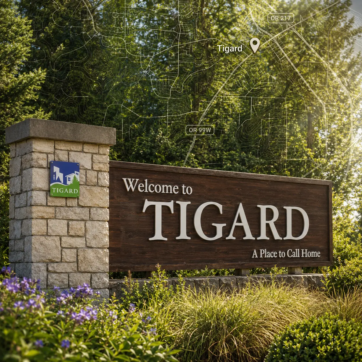 Map showing mobile auto glass service in Tigard, Oregon.