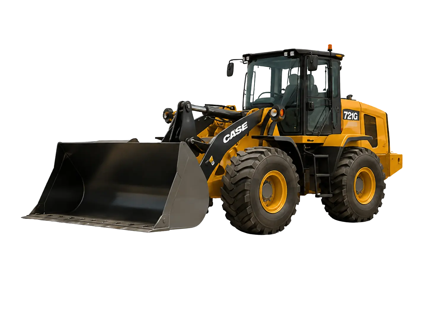 Yellow wheel loader with cab glass