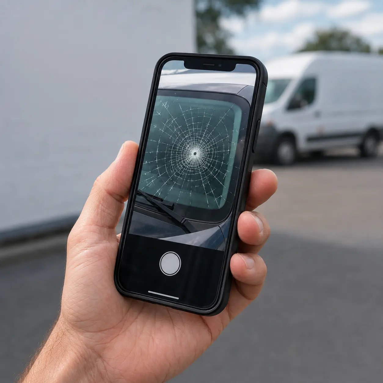 Phone showing a cracked fleet vehicle windshield