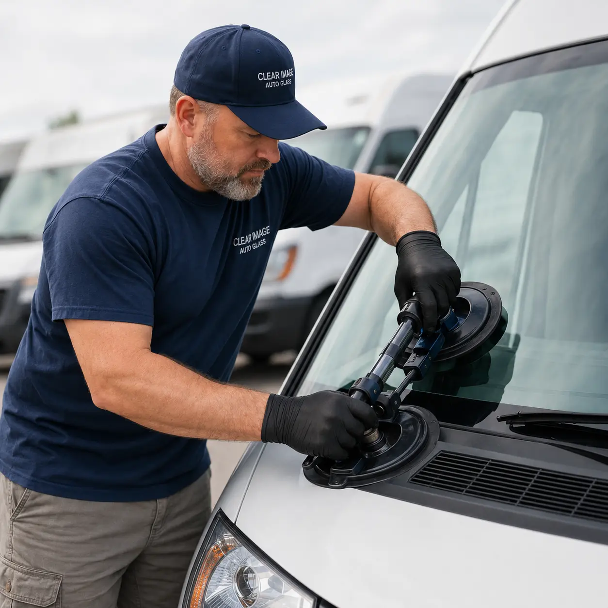 Clear Image Auto Glass technician installing a windshield onsite