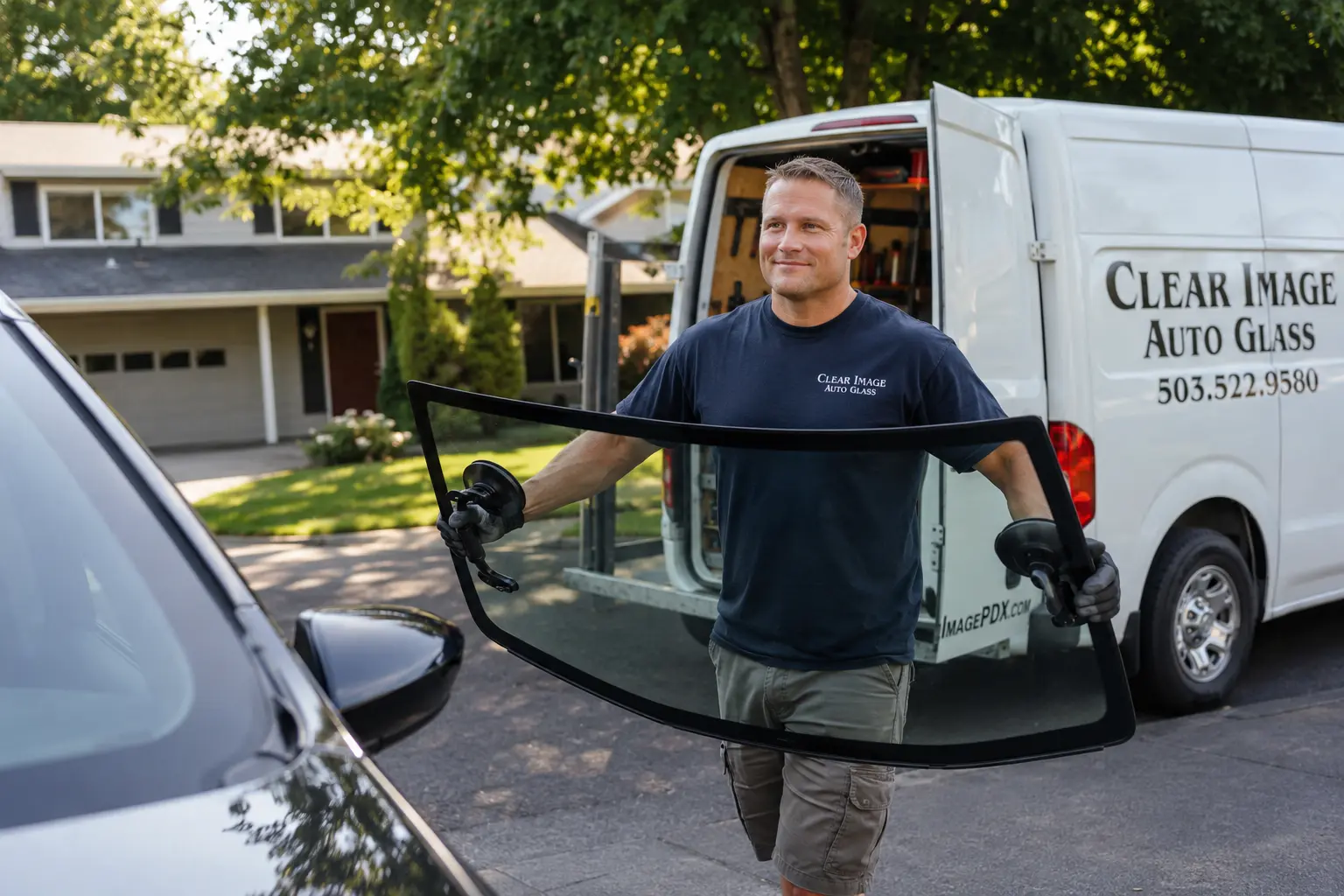 Clear Image Auto Glass technician installing a windshield with a branded service van in the background