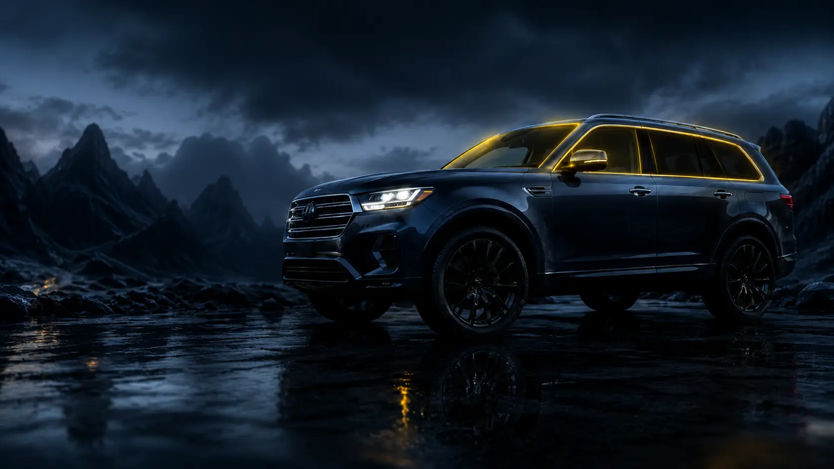Dark SUV at dusk with every glass area highlighted — windshield, door glass, quarter glass, vent glass, and back window