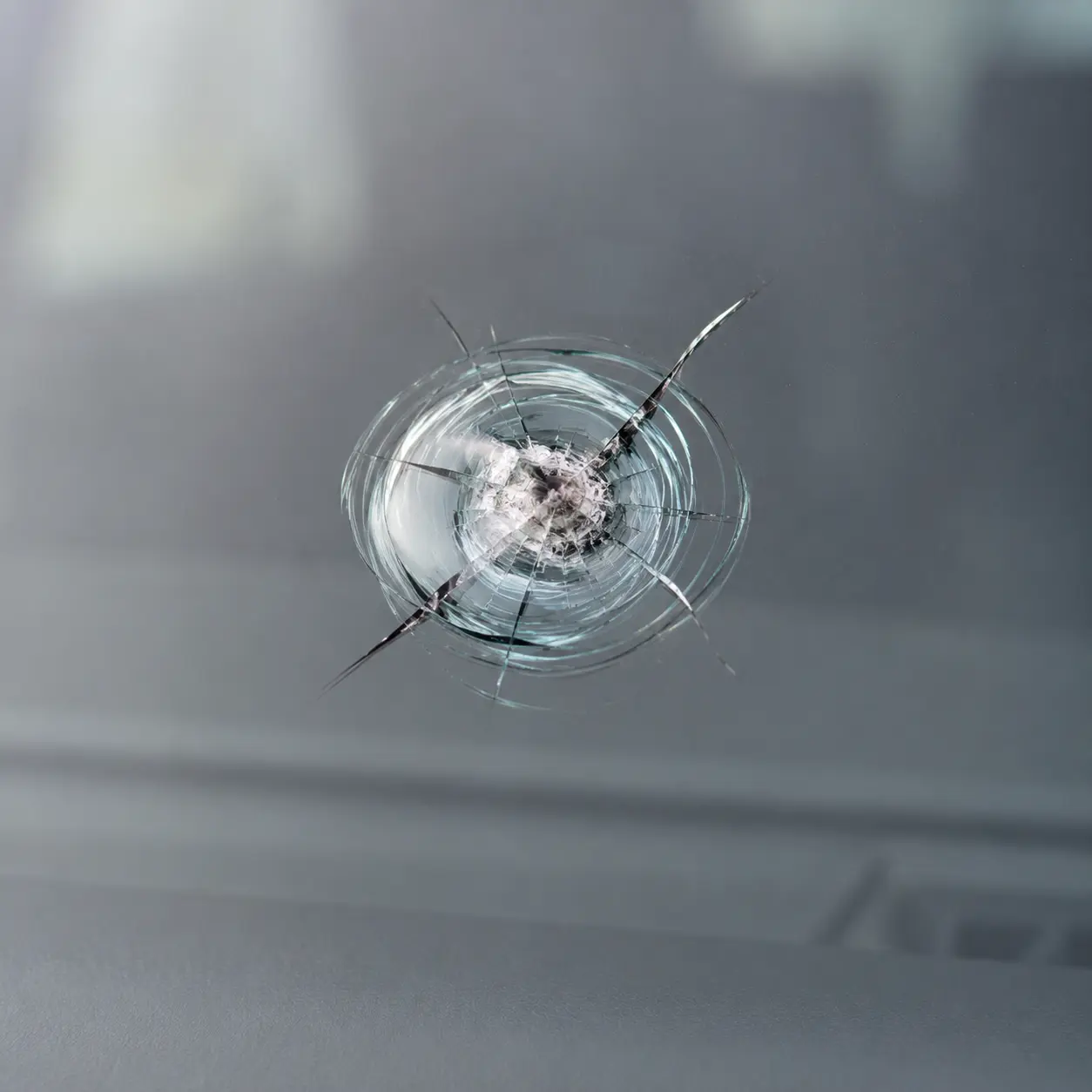 Close-up of bullseye-shaped rock chip damage in a vehicle windshield