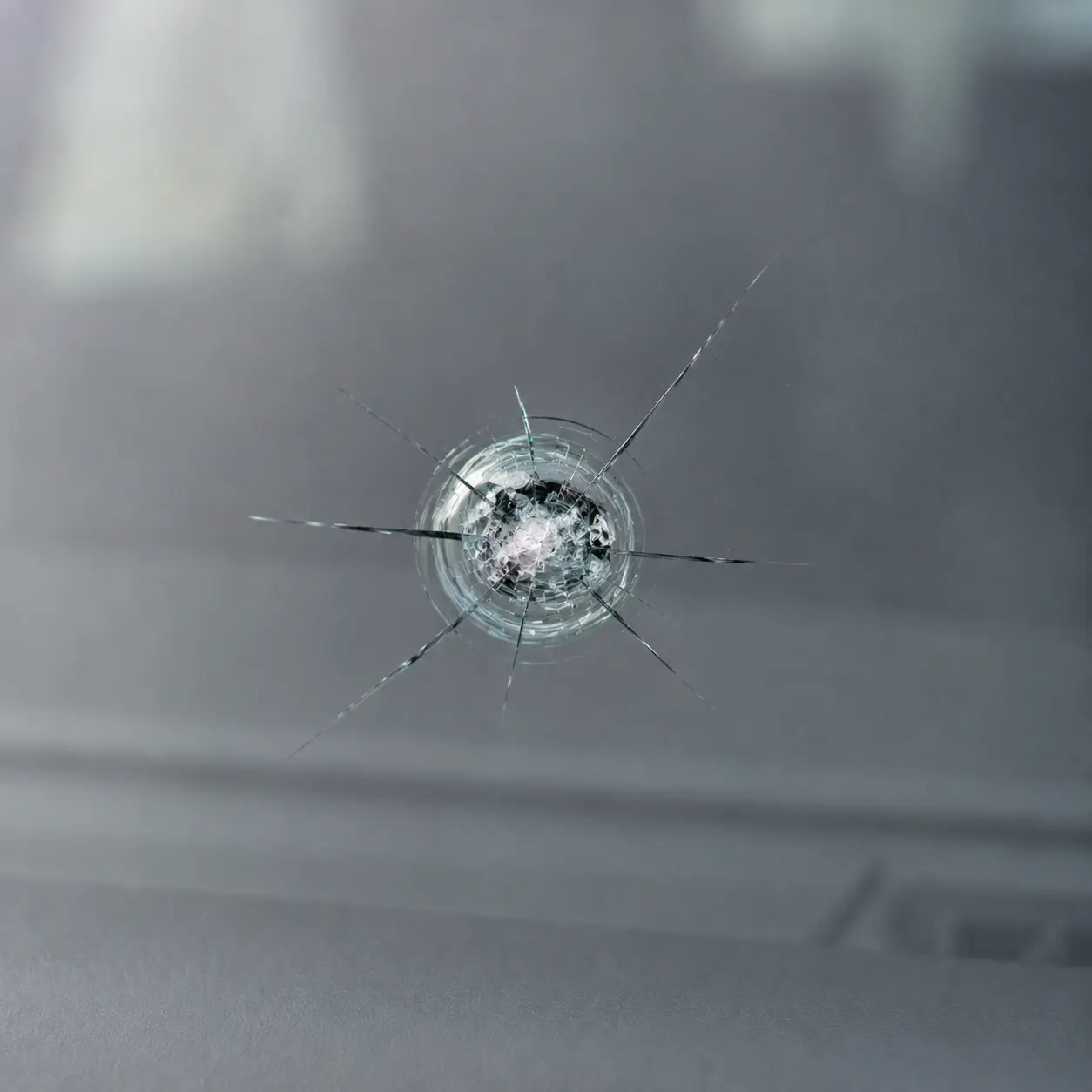 Close-up of combination chip damage with connected impact lines in a windshield