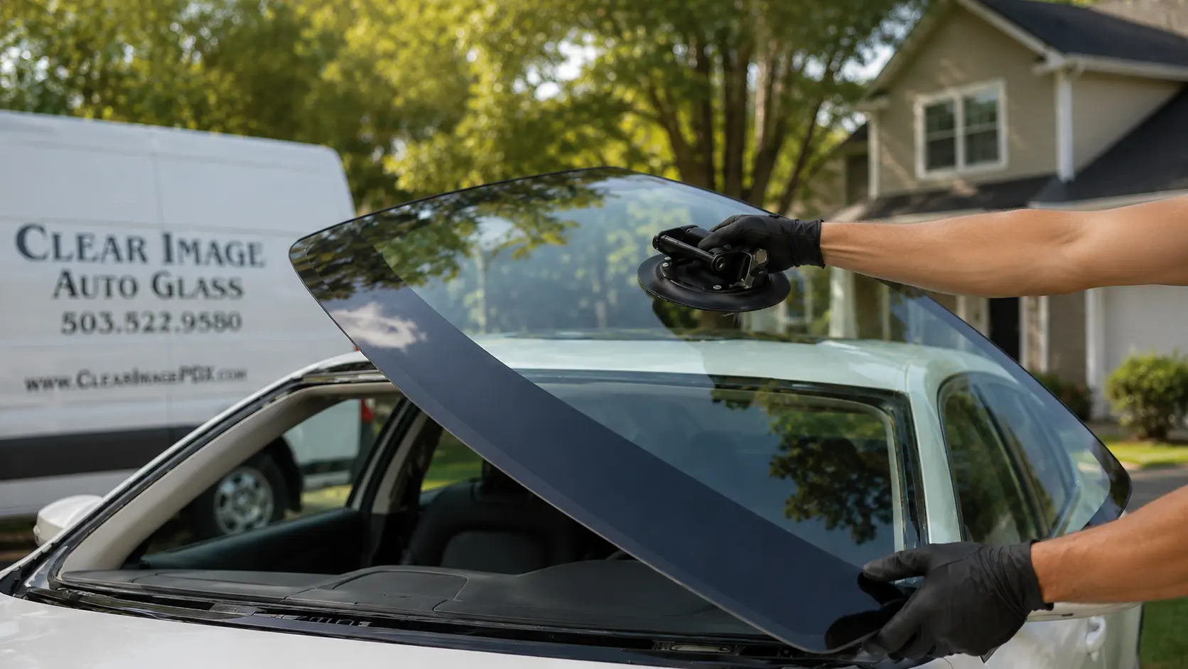 Clear Image Auto Glass technician providing mobile windshield service beside a branded service van