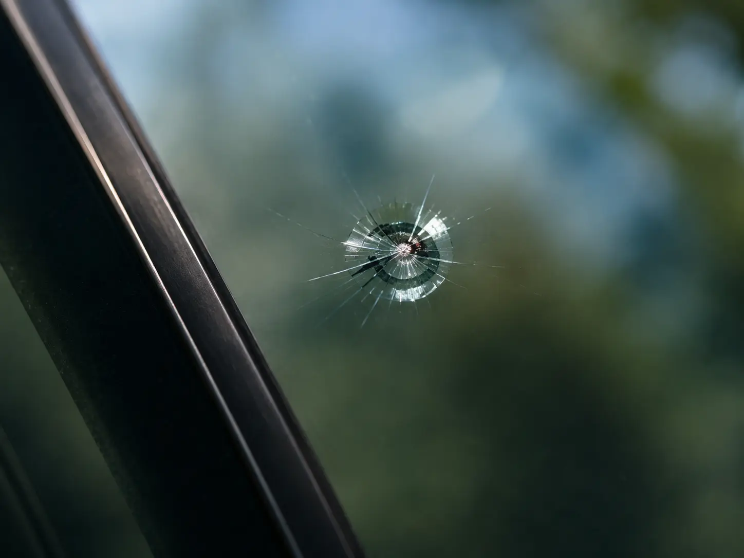 Close-up of a windshield rock chip being repaired