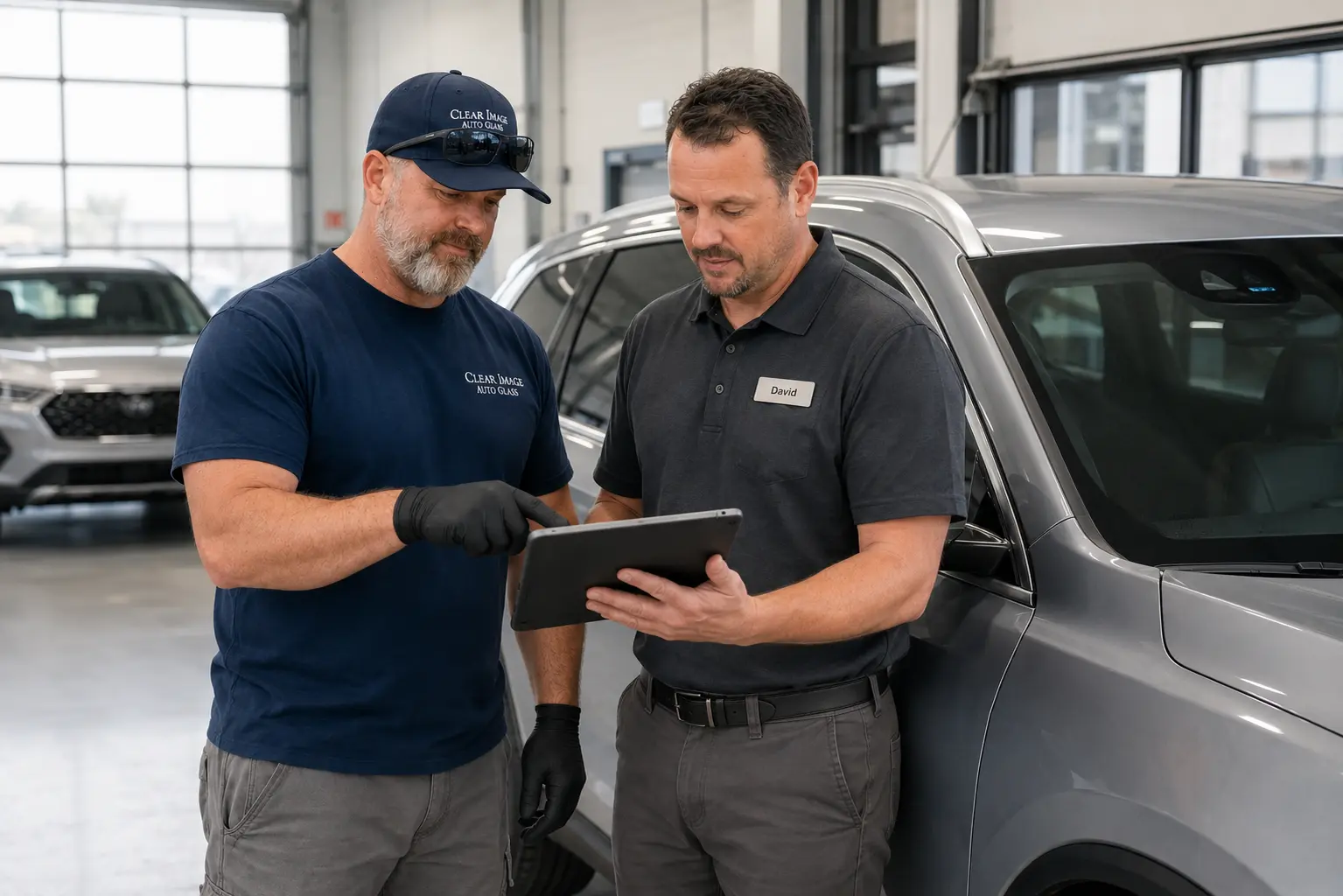 Auto glass technician reviewing ADAS calibration requirements