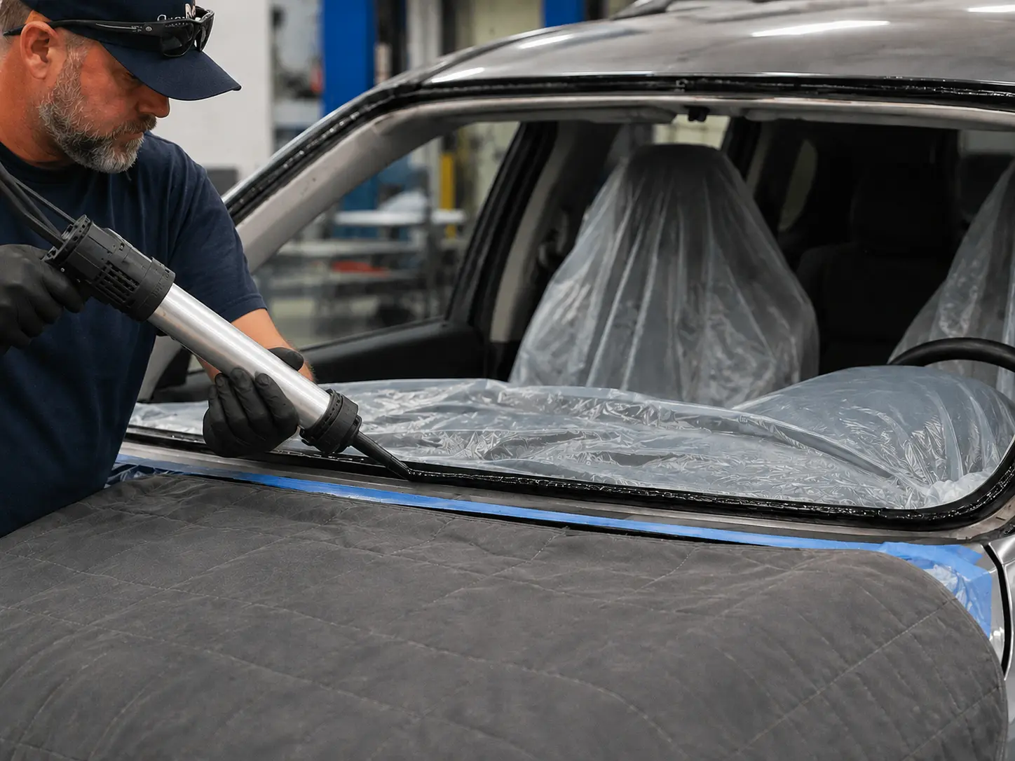Technician applying windshield adhesive to a prepared bonding surface